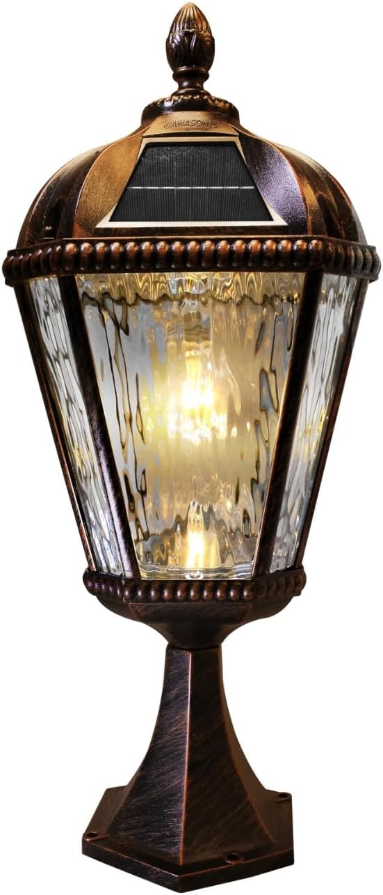 Gama Sonic Outdoor Solar Post Light with Pier Base Brushed Bronze Finish Aluminum and Rain Glass Royal Bulb 150 Lumens Warm White LED Mount on Column or Flat Surface 98B111 Upgraded Panel