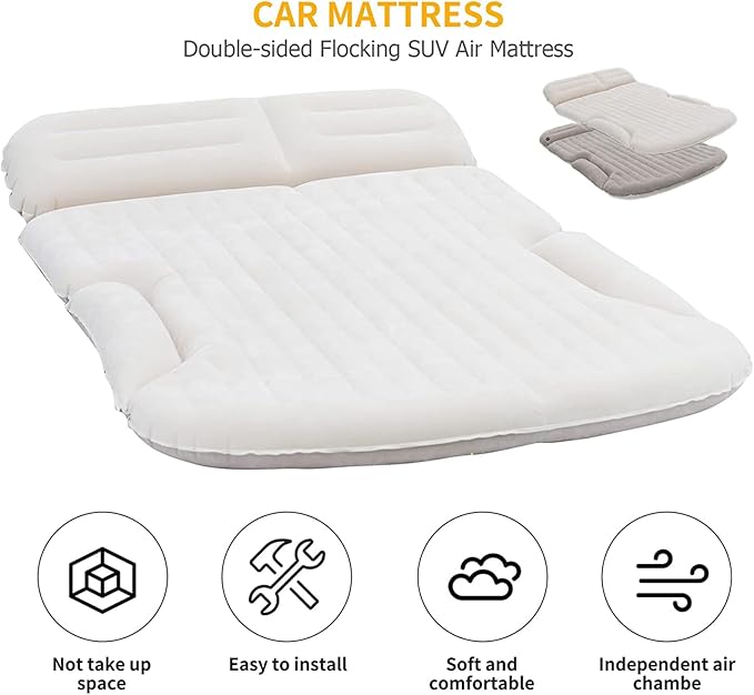 KMZ SUV Air Mattress Thickened and Double-Sided Flocking Travel Camping Bed with 2 Pillows &amp Electric Pump Dedicated Mobile Cushion Inflatable Bed for SUV Trunk and Rear Seat (Beige and Coffee)