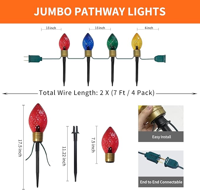 2 Pack Jumbo Christmas Pathway Lights Outdoor Total 14FT 8Pcs Multicolor Diamond Connectable Plug in Walkway Lights for Driveway Fence Yard Holiday Decor Green Wire