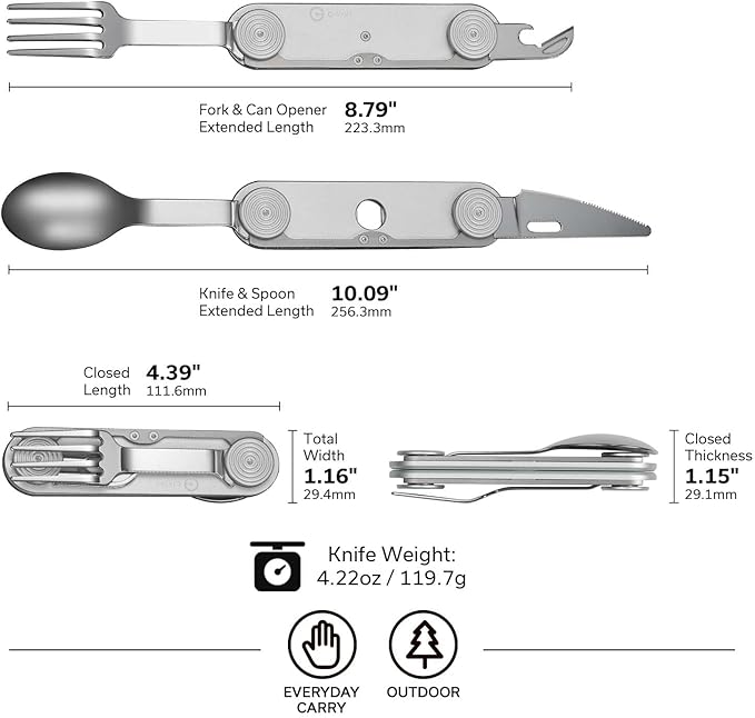 CIVIVI Partake 4-in-1 Camping Utensil Detachable Stainless Steel Folding Knife Fork Spoon &amp Bottle Opener Multi-Tool with Waxed Canvas Pouch for Travel Camping Hiking C24032C-3 Silver