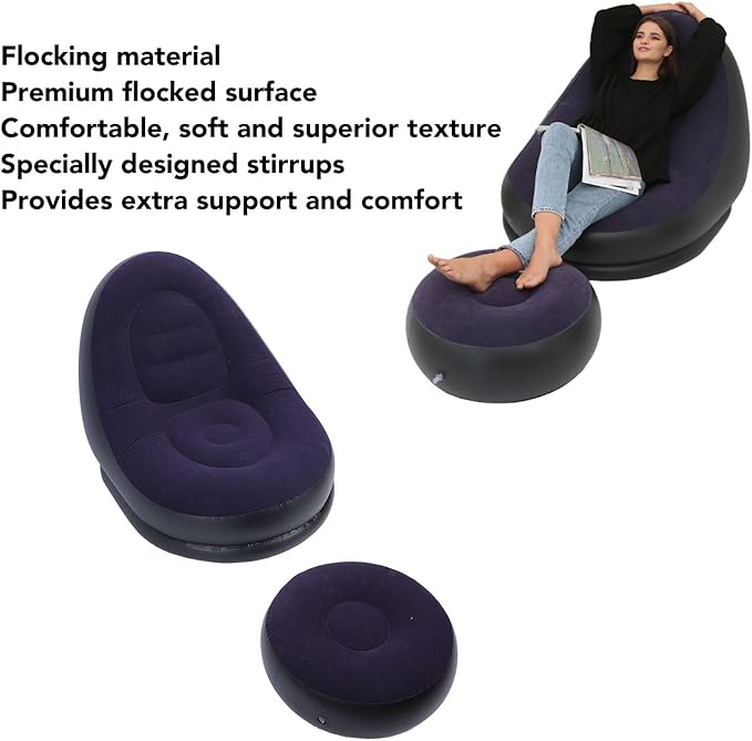 POCREATION Portable Inflatable Sofa Chair for Camping - Flocking PVC Foldable Lounge with Footrest Outdoor Indoor Use White/Blue