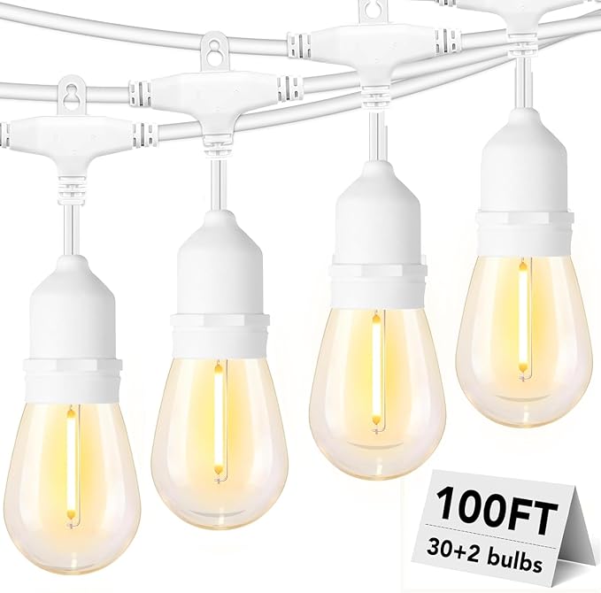 SUFEIMAS 100FT White Outdoor String LightsIP65 Waterproof 30+2 Plastic LED Bulbs 2700K White Patio String Lights for Outside Porch Pergola Backyard Bistro GardenWedding Lights