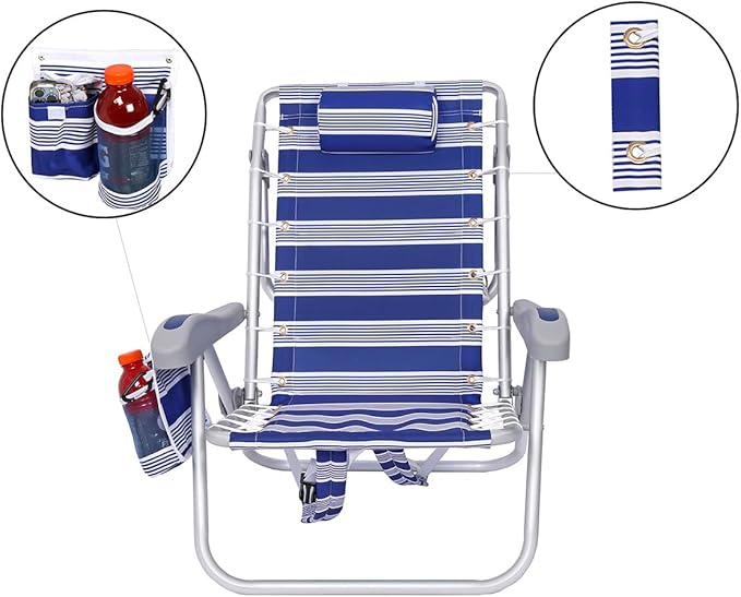 Ultimate Heavy Duty Aluminum Folding Backpack Beach Chair for Adults | Lay Flat 5 Reclining Positions | Removable Insulated Cooler Pouch | 300 lbs Weight Capacity