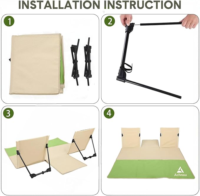Beach Mat Lounge Chair 2-Person Foldable Lightweight Lounge Mat with Back Support600D Oxford 49x49 Widen Beach Seat Storage Bag for Holidays Garden Camping Swimmingpool (Khaki &amp Green)