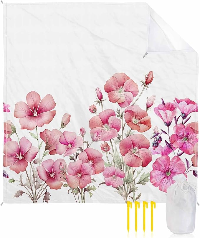 Beach Blanket Waterproof Sandproof Watercolor Pink Blossom Floral Quick Drying Beach Mat with 4 Stakes Pastoral Style Flower on White Lightweight Picnic Blanket for Travel Camping Outdoor 118x108