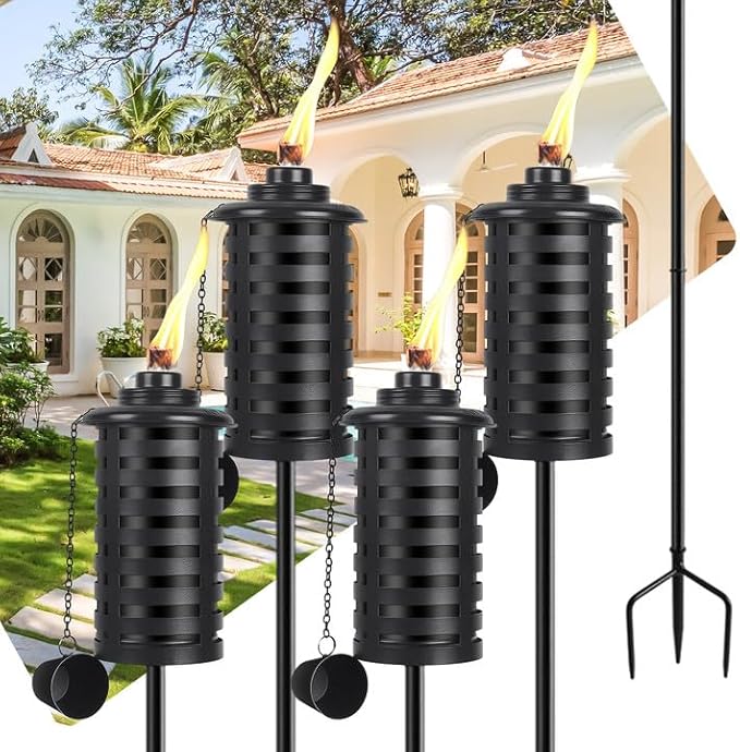 ZSZMFH 4 Pcs Metal Torch for Outside 16oz Outdoor Metal Torch Garden Décor59-Inch Upgraded Citronella Torches with 3-Prong Grounded Stake Table Top Torches for Party Patio Pathway
