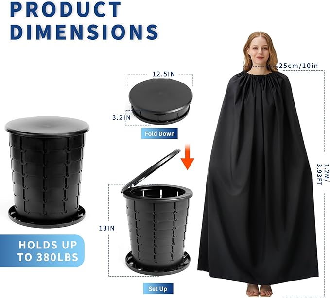Portable Toilet Kit for Adults Retractable Camping Toilet with Wearable Privacy Tent Outdoor Travel Toilet with Privacy Shelters Folding XL Potty with Adjustable Height for HikingCarRV