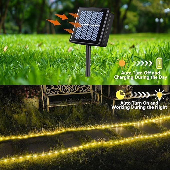 YEGUO Solar Valentines Light Outdoor Waterproof 66ft 200 LED Warm White Rope Lights 8 Modes Tube Christmas String Lights in Clear Thin Tube