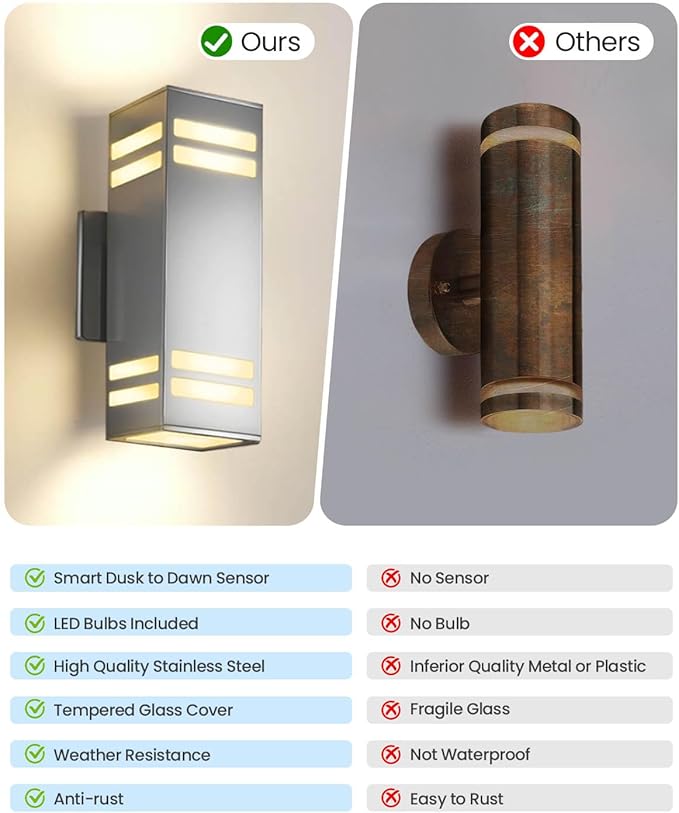 KIZON Modern Dusk to Dawn Outdoor Wall Light Stainless Steel Up and Down Sconce with E26 Base Includes 3000K Bulbs Waterproof Exterior Lighting Fixture for House Porch Garage Entryway