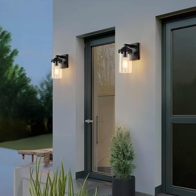 Outdoor Indoor Wall Sconce Set of 2 Modern Exterior Wall Lantern with Clear Glass Black Outside Lighting Wall Mount for Porch Patio Bathroom Vanity