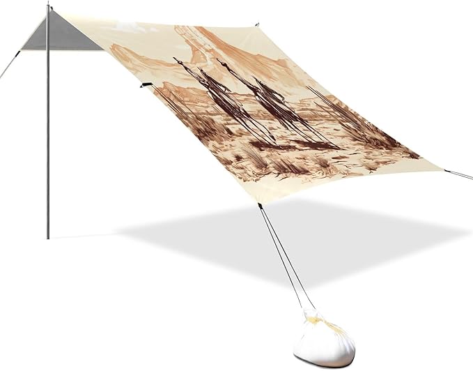 Vintage Western Cowboy Beach Tent Sun Shelter 9.2' x 10.5' Beach Canopy with 4 Sandbags 4 Stability Poles Sand Shovels - Tent Canopy for Beach Camping Fishing Picnics