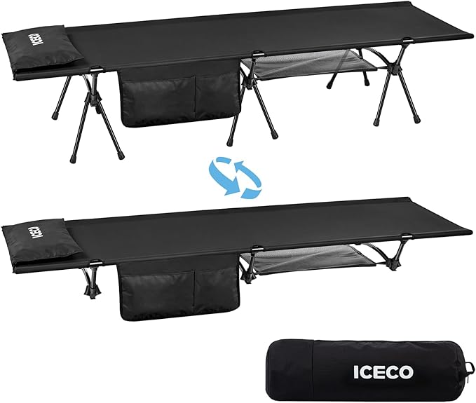 ICECO Camping Cot for Adults Height Adjustable with Cot Leg Extenders Strong Support 330lbs 900D Oxford Fabric Ultralight Comfortable Sleeping Bed for Camping Hiking Beach Home (L-Black)