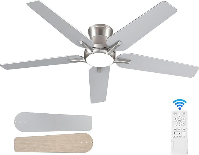 52 Inch Ceiling Fans with Lights and Remote Brushed Nickel Flush Mount Low Profile Ceiling Fan for Bedroom Living Room Patio Dimmable 6 Speeds Noiseless ETL Listed