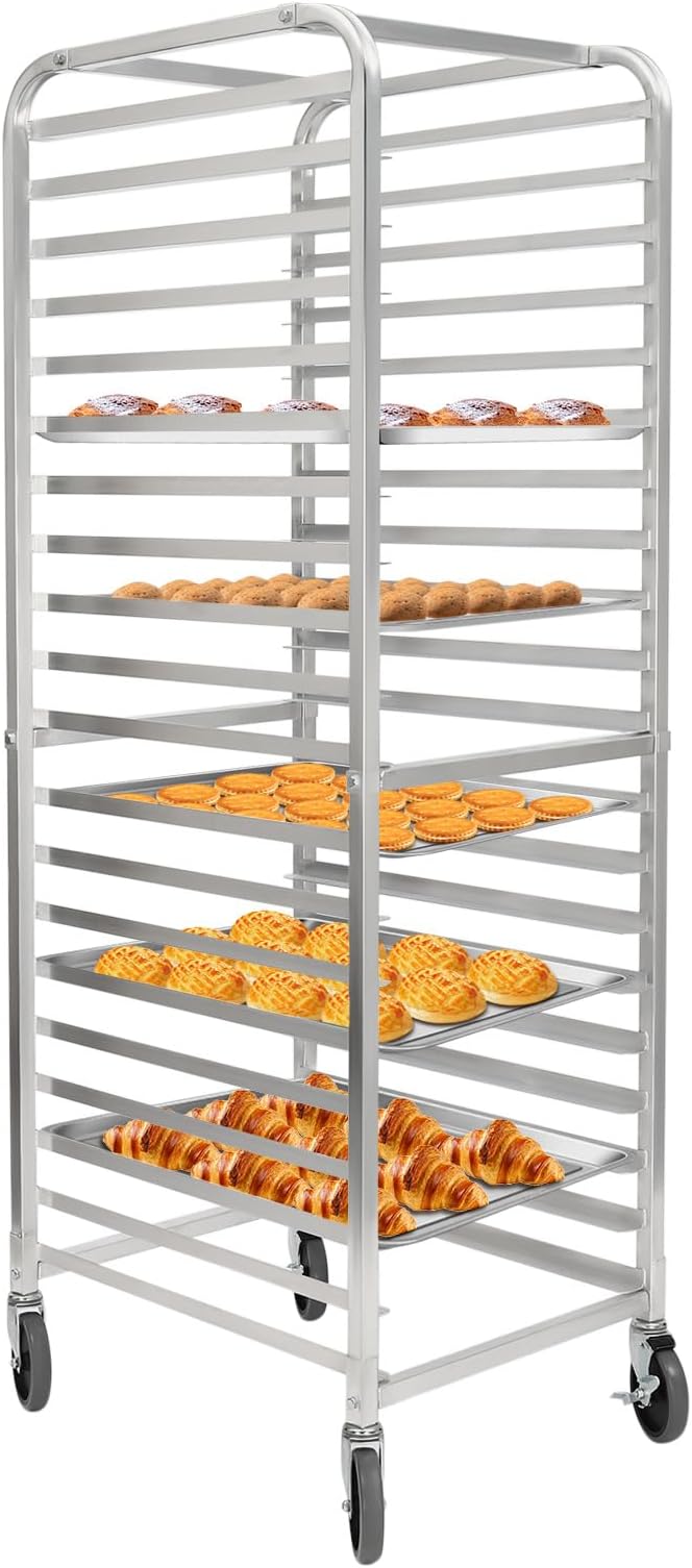 20 Tier Bun Pan Rack Mobile Sheet Pan Racking with Rollers Aluminum Trolley Storage Cooling Rack Heavy-Duty Bun Pan Sheet Shelf for 26 x 18 In