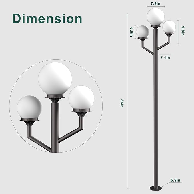 79'' Outdoor Lamp Post Light with Triple Globe Head Waterproof Street Light Pole Lamp for Outside with 3Pcs 10W Bulbs Outdoor Post Light for Garden Yard Patio Driveway-Brown Pole