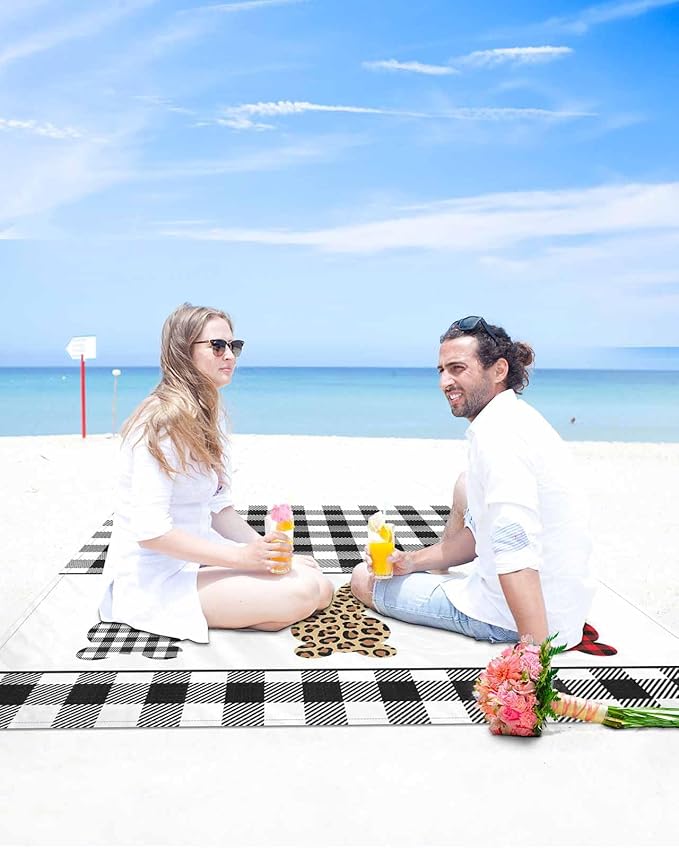 Beach Blanket Waterproof Sandproof Easter Check Leopard Rabbits Silhouette Quick Drying Beach Mat with 4 Stakes Black White Buffalo Lightweight Picnic Blanket for Travel Camping Outdoor 95x80