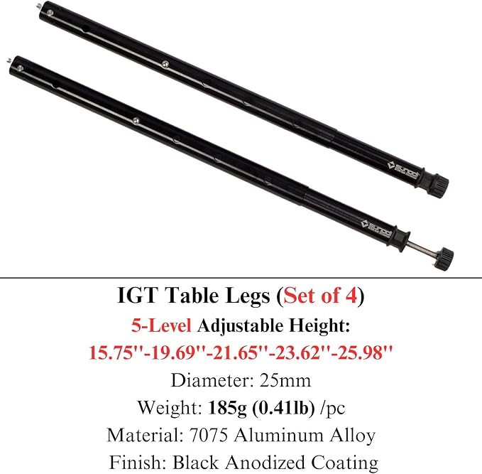 IGT Camping Table Legs 5-Level Adjustable Height Telescopic 7075 Aluminum Alloy Black Anodized Finish Lightweight Easy Installation Stable Support for Cooking Picnic BBQHiking (Set of 4)