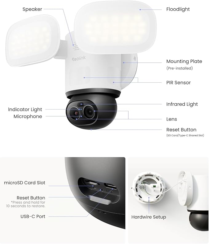 REOLINK TrackFlex Floodlight WiFi 4K Dual-Lens Floodlight Camera 3000 Lumens 360° PTZ 6X Hybrid Zoom Auto-Tracking Privacy Focused Local AI Video Search &amp Storage Dual-Band Wi-Fi 6 AC Hardw