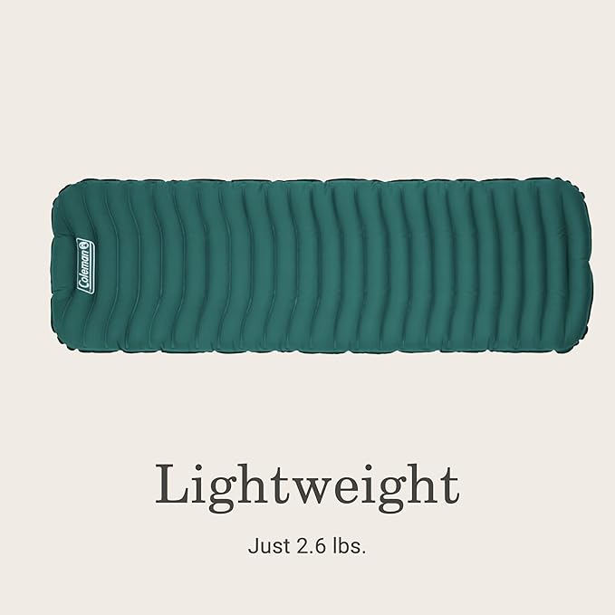 Coleman Inflatable Sleeping Pad Soft &amp Comfortable with Brushed Knit Surface Easy Inflatation Lightweight Green