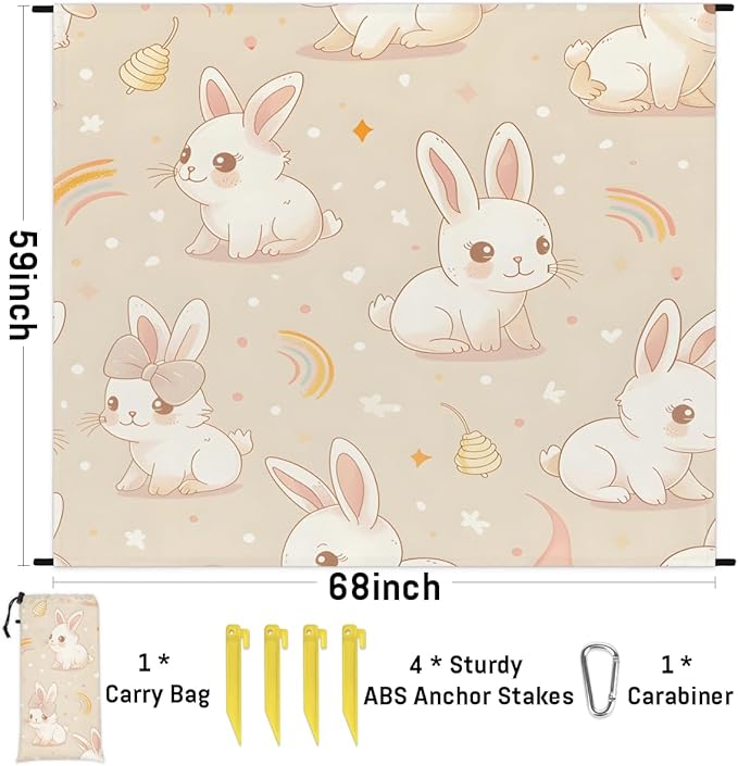 Waterproof Sandproof Beach Blanket 59''×68'' Animals Rabbits Polyester Outdoor Picnic Blanket with 4 Stakes &amp Storage Bag for BeachCampingVacation Beige