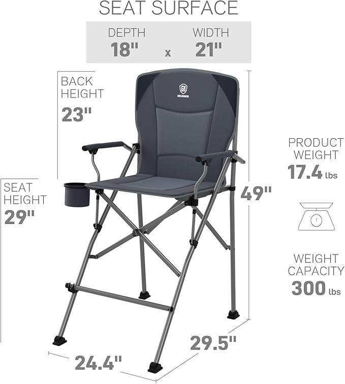 EVER ADVANCED Tall Camping Folding Chair 31 Portable Directors Chair Bar Height Camping Chair with Carry Bag and Footrest Armrest Heavy Duty Supports 300 Lbs Grey