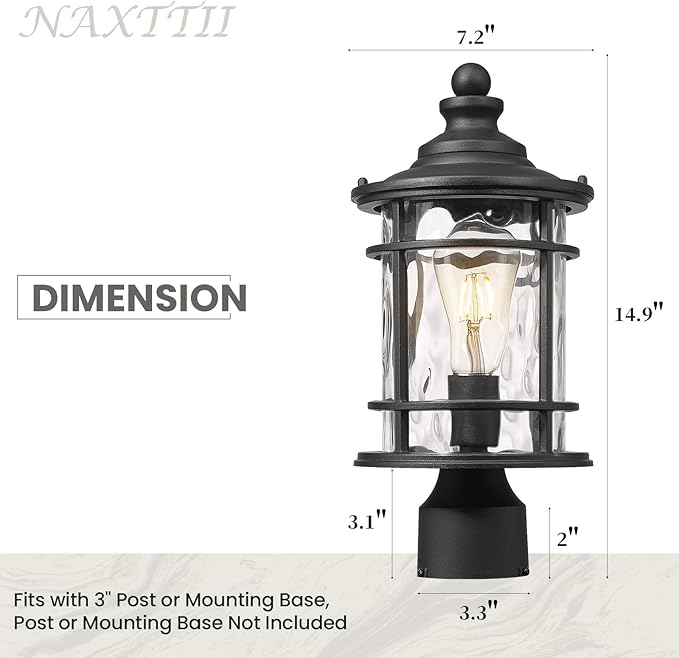 Outdoor Post Light Pole Lantern 14.9 Inch Height Lamp Post Light Fixture Aluminum Material Water Ripple Glass Black Outdoor Pillar Lights Hard Wired E26 Socket