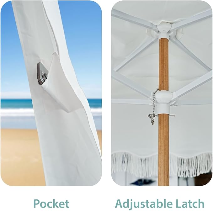 AMMSUN Beach Cabana with Beach Blanket 6.5' x 6.5' Boho Canopy with Tassels Premium Wood Pole Fringe Cabana Tent with Sand Pockets Instant Sun Shade for Sand Garden Outdoor Elegant White