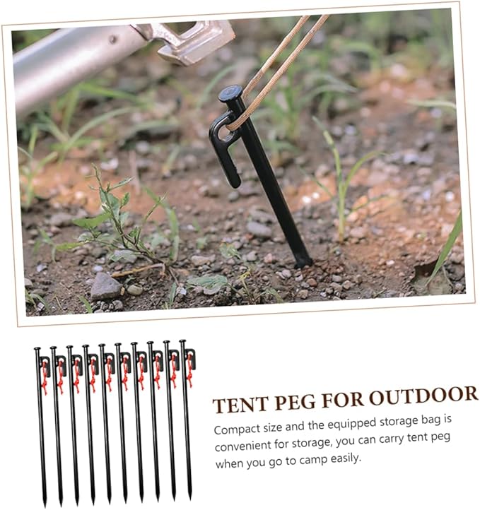 SUPVOX 10Pcs Heavy Duty Metal Tent Stakes Camping Ground Pegs with Storage Bag Durable Tarp Spikes for Secure Tent Fixing Easy Pull Out Design