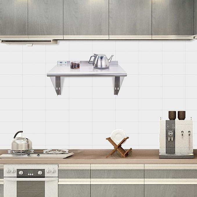 Profeeshaw NSF Stainless Steel Shelf 14” x 24” 250 lb Commercial Shelves Wall Mounted Metal Shelving with Backsplash and 2 Brackets for Restaurant Bar Utility Room Kitchen and Garage