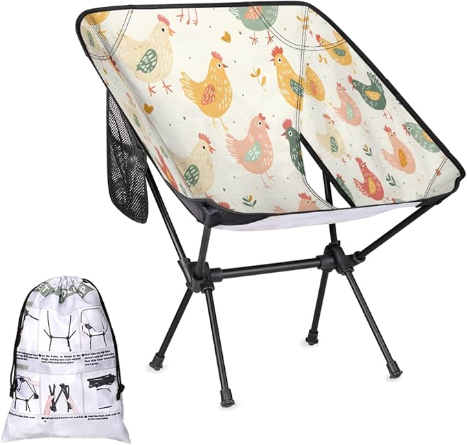 Cute Hens Roosters and Chick Portable Camping Chair Lightweight Folding Backpacking Chair Compact Foldable Beach Seat with Carry Bag for Outdoor Hiking Fishing Travel