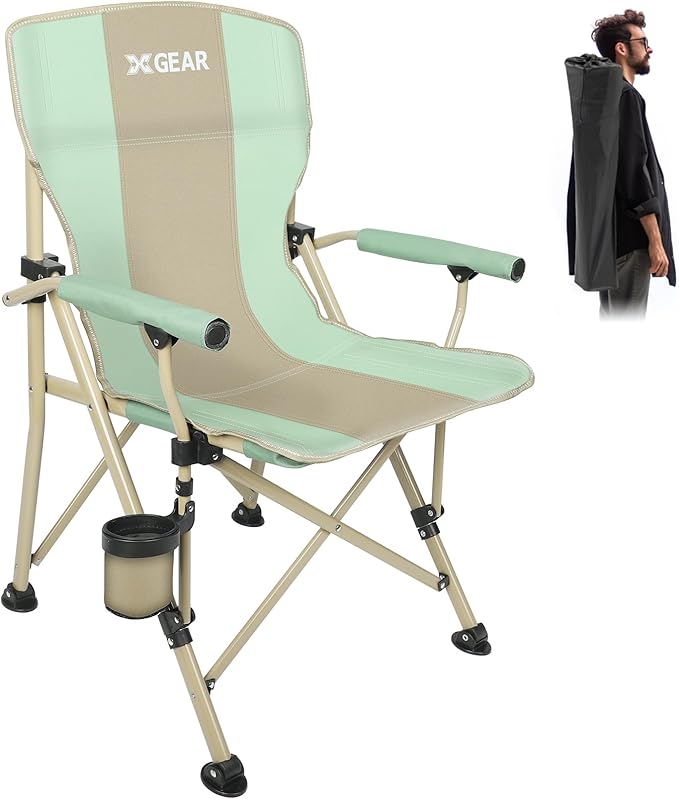 XGEAR Camping Chair with Padded Hard Armrest Sturdy Folding Camp Chair with Cup Holder Storage Pockets Carry Bag Included Support to 400 lbs