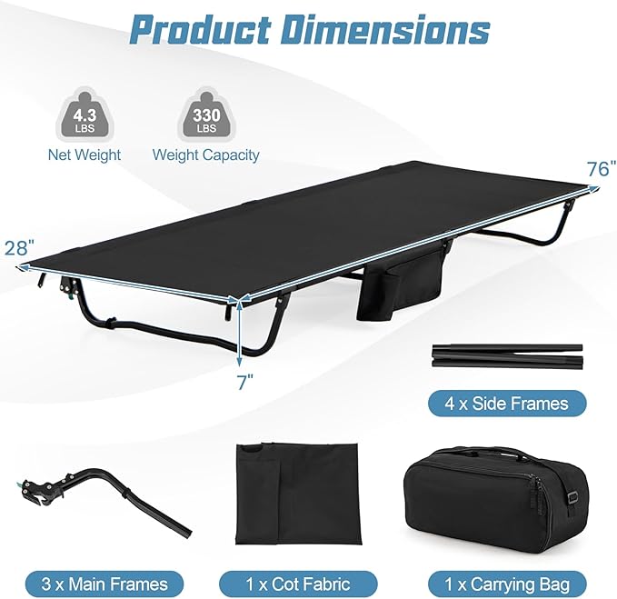 GYMAX Ultralight Camping Cot for Adults Portable Folding Camping Bed w/Side Pocket Carry Bag Compact Sleeping Cot for Outdoor Backpacking Travel Hiking Home Beach Supports 330 LBS (2)