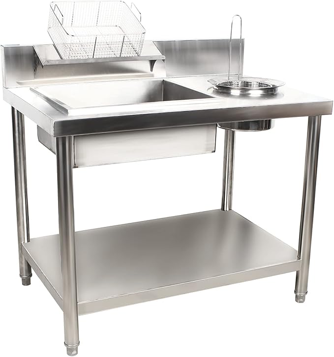 Breading Table Fried Chicken Preparation Commercial Stainless Steel Fried Food Prep Breading Station Breading Work Table w/Basket Undershelf for Restaurant Kitchen Fried Chicken Burger Shop