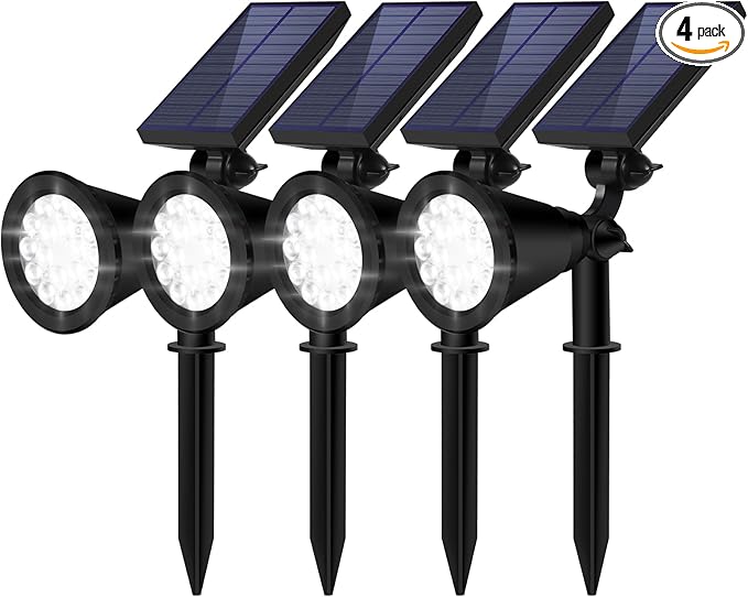 Solar Spot Lights Outdoor Waterproof 18 LED Solar Powered Landscape Lighting Low Voltage Auto On/Off for Garden Yard Tree Flag Wall Pathway 4 Pack