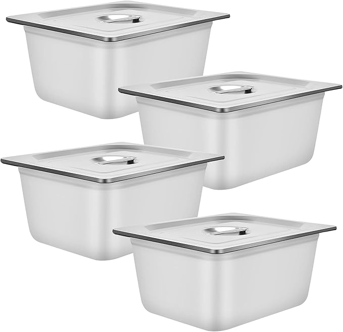4 Packs Stainless Steel Hotel Pan 1/2 Size x 6 Deep 22 Gauge/0.7mm Thick Steam Table Pan with Lid
