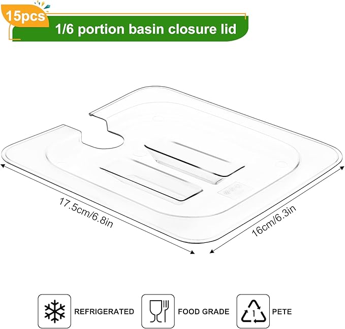 15 Pack 1/6 Size Food Pan Lids Polycarbonate Notched Hotel Pan Lids Commercial Clear Food Pan Covers for Restaurant