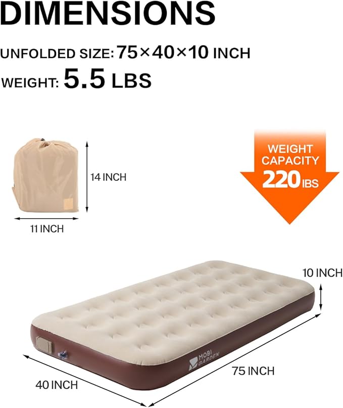 MOBI GARDEN Twin Air Mattress with Built-in Pump Quick Self-Inflating Inflatable Mattress for Home Camping Guests &amp Travel Puncture-Resistant &amp Portable Blow Up Camping Air Mattress