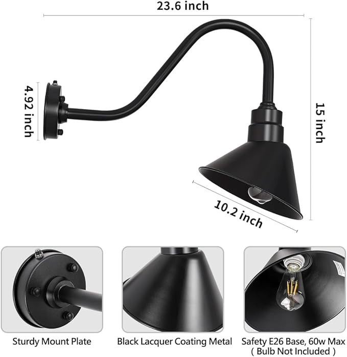 AGB101-AA9-Black Barn Lights Outdoor Fixture with Gooseneck Lamp - Classic Gooseneck Light Dome | Wall Mount RLM Design for Patios Gardens Entryways Garages and Exterior Home Lighting
