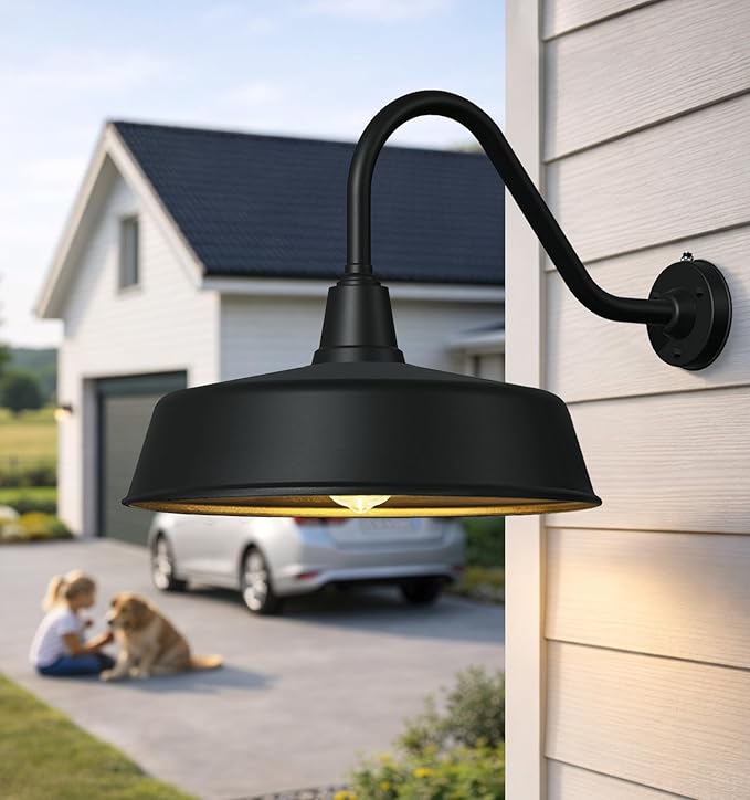 21 Inch Large Outdoor Gooseneck Barn Lights from Dusk to Dawn Extended Arm Classic Farmhouse Wall Mount Gooseneck Lights for Garage Shop Porch Lights.