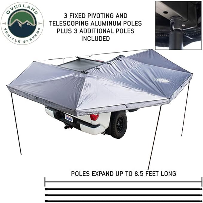 Overland Vehicle Systems - XD Nomadic 270 - Awning W/Lights &amp Black Out Passenger Side Grey Hex Black Trim &amp Black Travel Cover