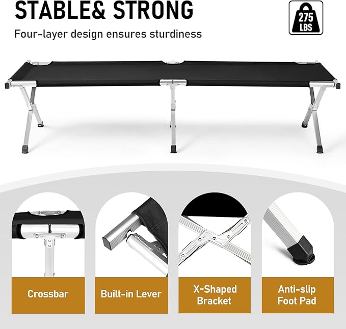 Camp Bed Portable Folding Camping Cot for AdultsIndoor Outdoor Portable Sleeping Cot for Hiking Camping with Carrying Bag Army (Black)