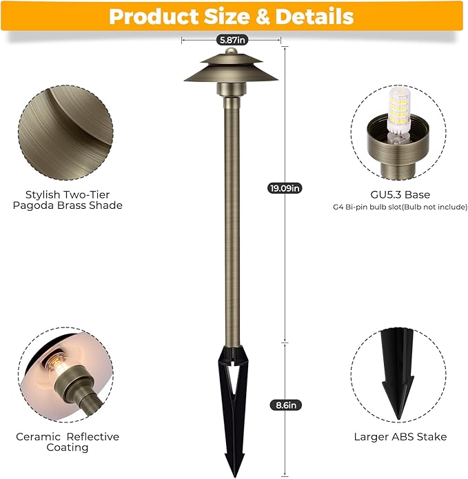 Gardencoin Solid Brass Low Voltage Landscape Pathway Lights (6'' Shade 19'' Tall) 12V LED Heavy Duty Path Lighting Outdoor Wired Waterproof Antique Bronze Walkway Light Without G4 Bulb6 Pack