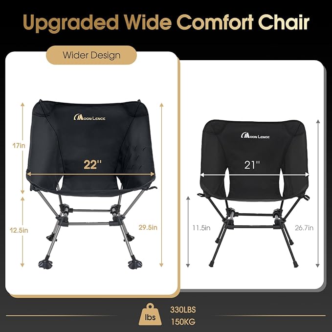 MOON LENCE Camping Chair Plus Upgraded Comfort &amp Size Still Compact and Lightweight Folding Portable Chair for Backpacking &amp Hiking 400Lbs Capacity Gen 3 Plus (Black)