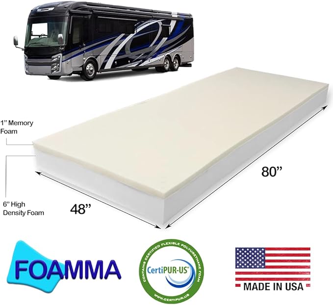 Foamma 7” x 48” x 80” Truck Camper RV Memory Foam Bunk Mattress Replacement Made in USA Comfortable Travel Trailer CertiPUR-US Certified Cover Not Included