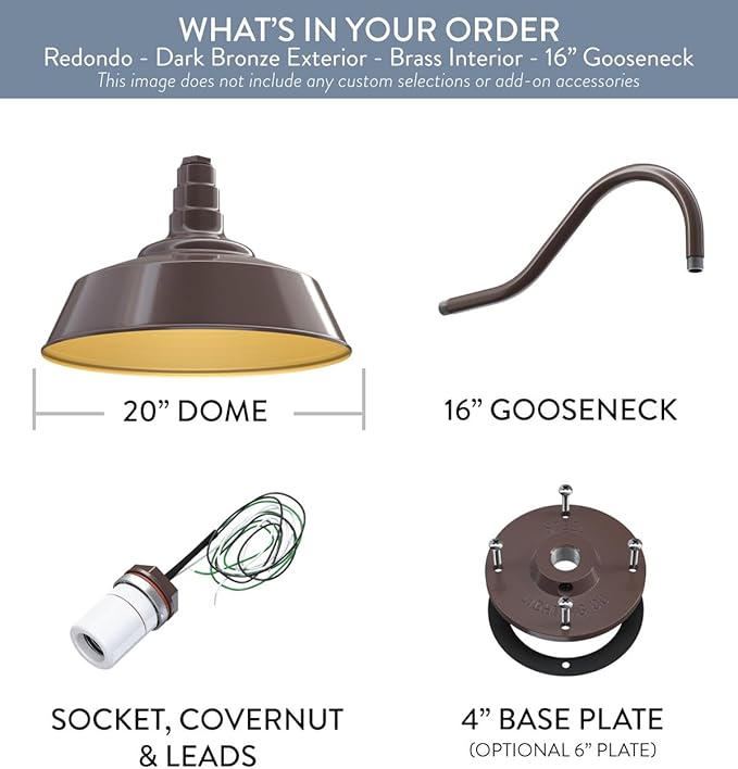 Steel Lighting Co. Large Outdoor Barn Light | Gooseneck Light Fixture | Made in America from 18-Gauge Steel | 20 Dome | 16 Gooseneck Dark Bronze Exterior/Brass Interior