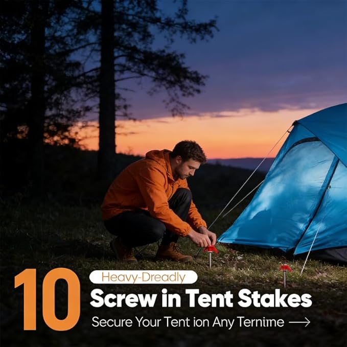 8 Screw in Tent Stakes 8-Inch M8 Carbon Steel Spiral Ground Anchors for Camping Tents Canopies and Tarps Hand or Drill Installation for Grass Gravel and Hard Soil (8PCwith Bag)
