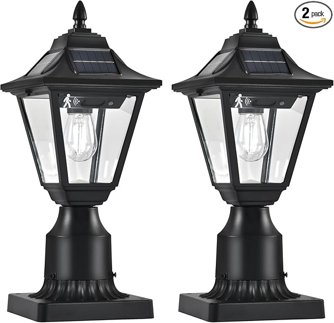 2 Pack Solar Post Lights with Pier Mount Base 6000K Motion Sensor Solar Lamp Post Light Waterproof Outdoor Post Lantern for Garden Patio Outside Pole Pillar (Cool White)
