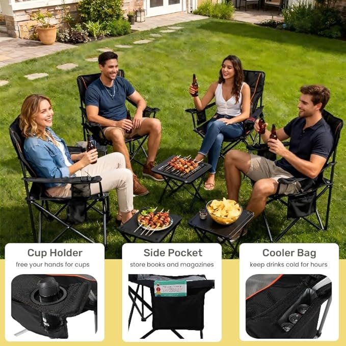 FAIR WIND 2 Pack Heavy Duty Camping Chair Oversized Padded Folding Chair for Big and Tall (450lbs) Extra Wide Seat with Integrated Cooler &amp Storage Pocket Adjustable Lumbar Support for Outdoor