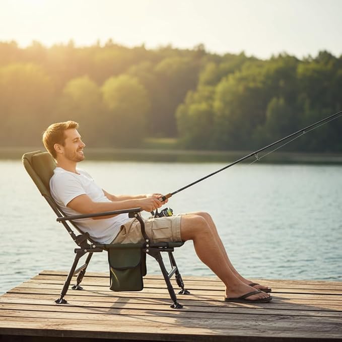 GYMAX Foldable Fishing Chair Heavy Duty Oversized All-Terrain Camping Chair Detachable Footrest 180° Adjustable Padded High-Back Portable Recliner for Outdoor (Detachable Footrest)
