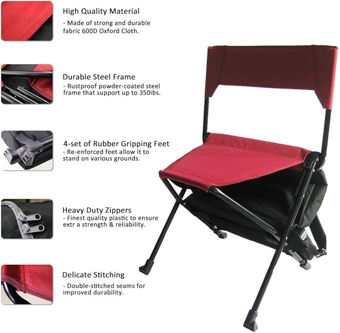 Portable Durable Folding Backpack Chair Red - Perfect for Camping Sporting Events Campfires Hiking and Outdoor Recreation Built in Pockets for Storage